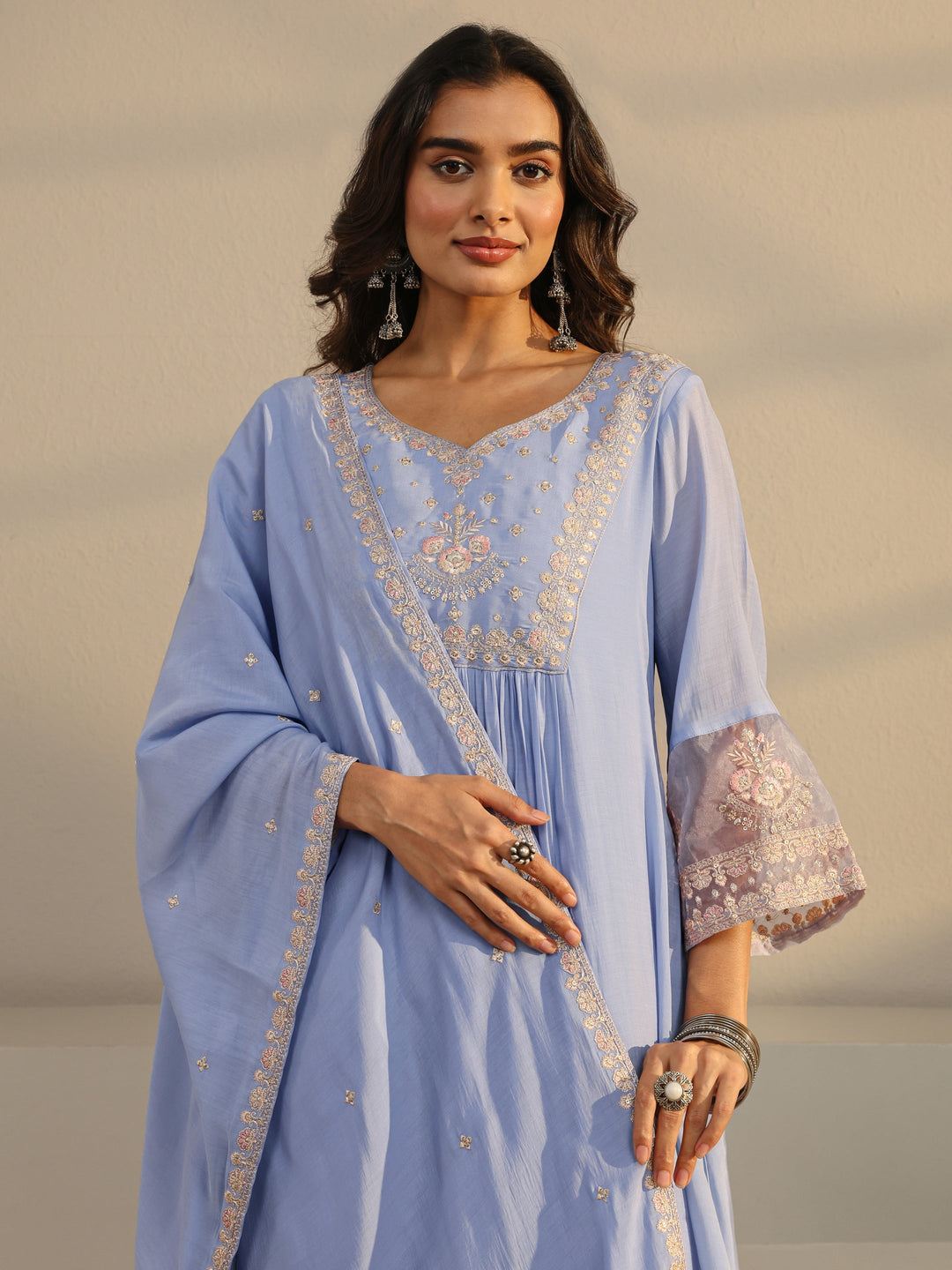  Blue Floral Yoke Design Chanderi Silk A-Line Suit Set With Dupatta 