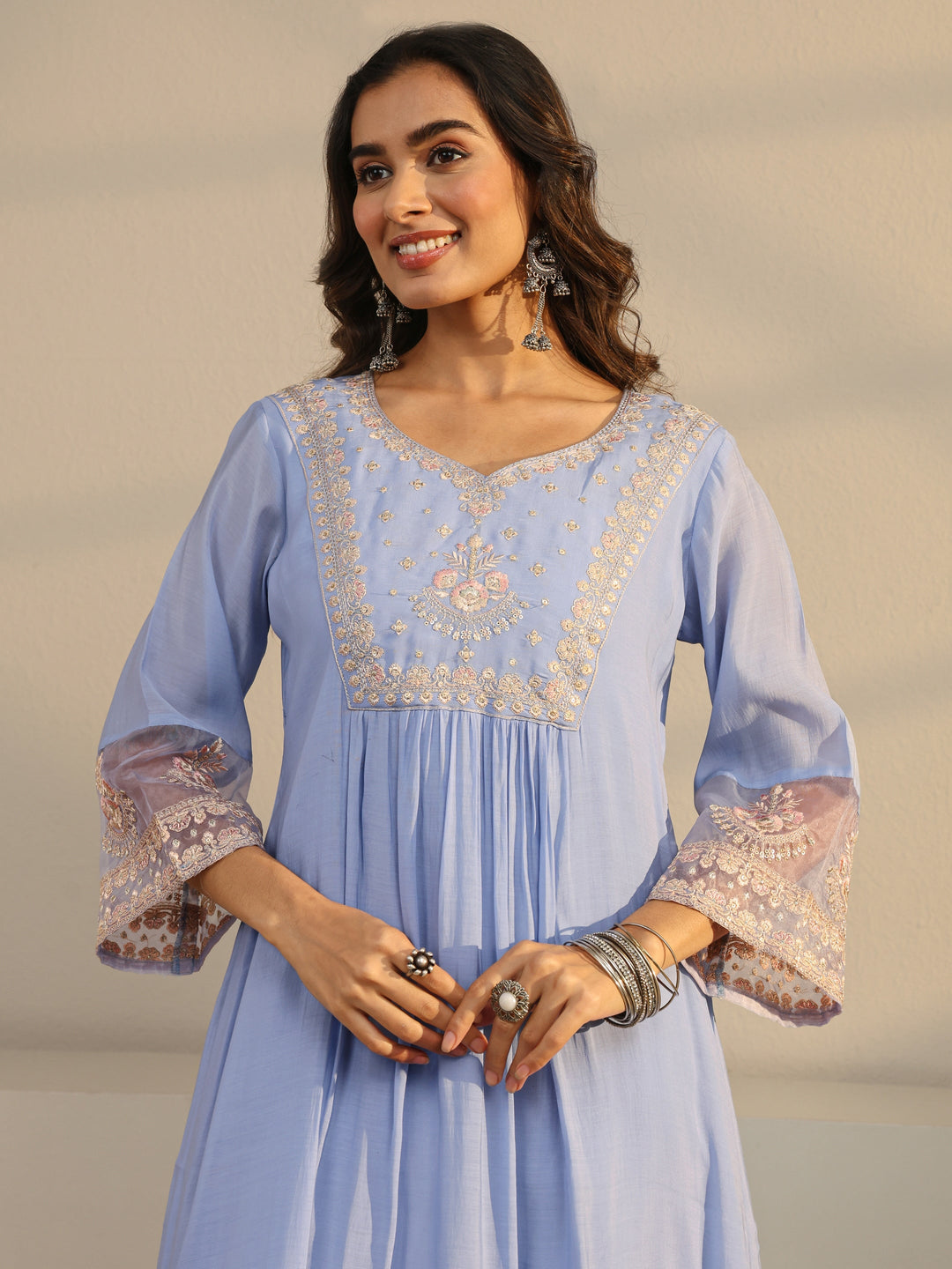  Blue Floral Yoke Design Chanderi Silk A-Line Suit Set With Dupatta 