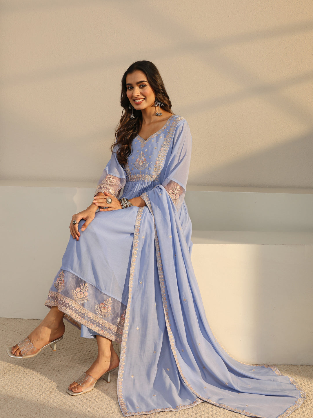  Blue Floral Yoke Design Chanderi Silk A-Line Suit Set With Dupatta 