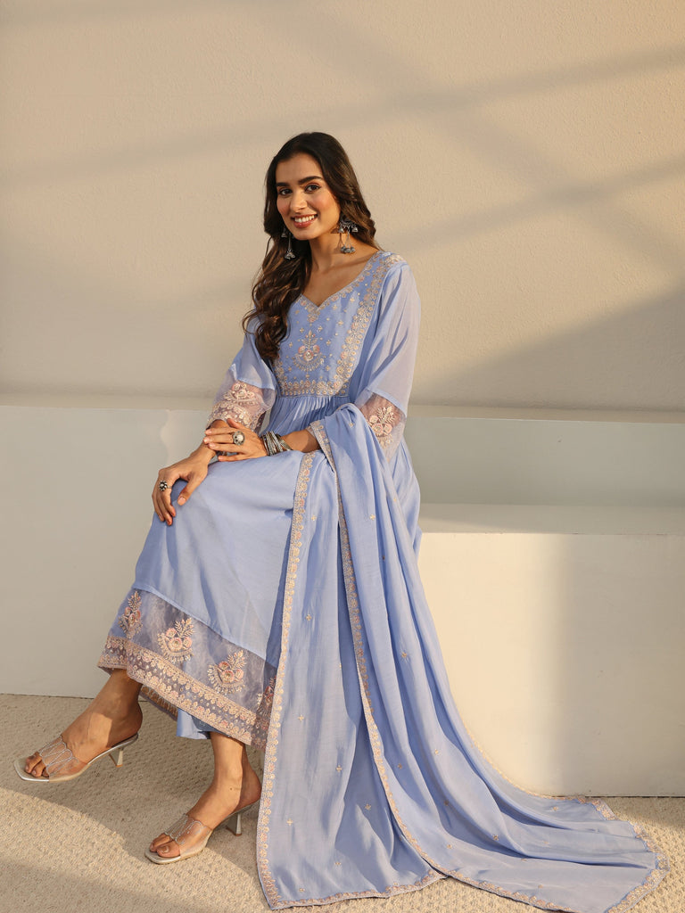 Libas Blue Floral Yoke Design Chanderi Silk A-Line Suit Set
