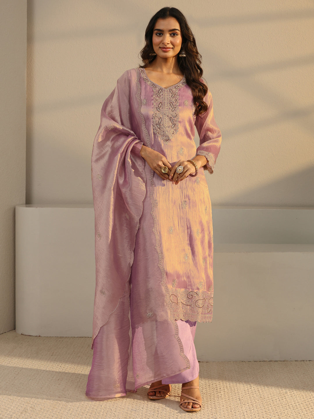  Lavender Floral Embroidered Tissue Straight Suit Set With Dupatta 