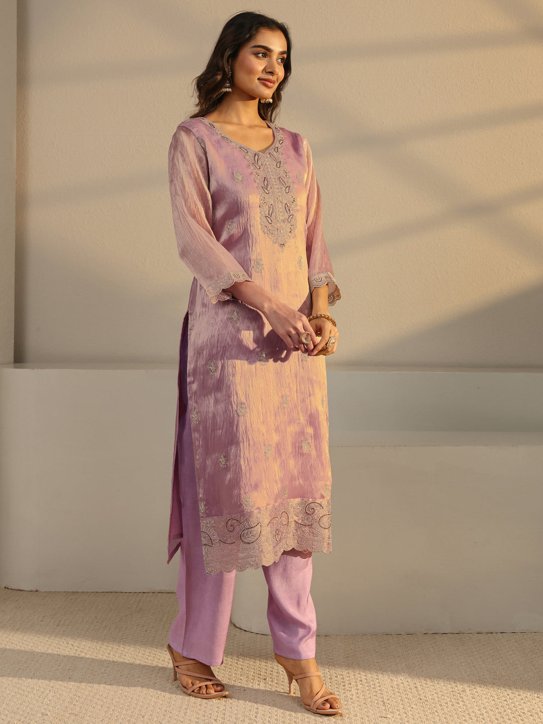  Lavender Floral Embroidered Tissue Straight Suit Set With Dupatta 