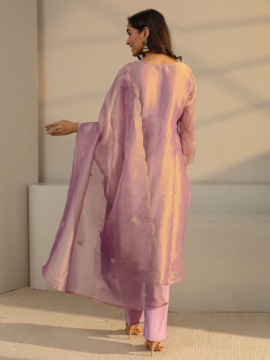  Lavender Floral Embroidered Tissue Straight Suit Set With Dupatta 