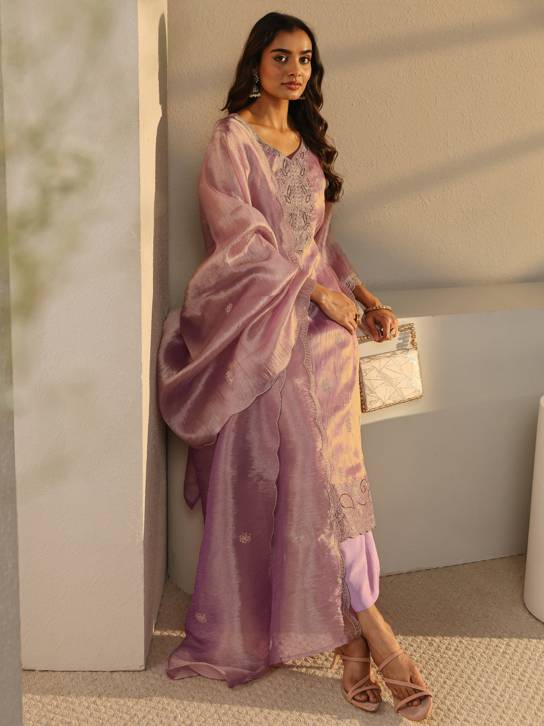  Lavender Floral Embroidered Tissue Straight Suit Set With Dupatta 