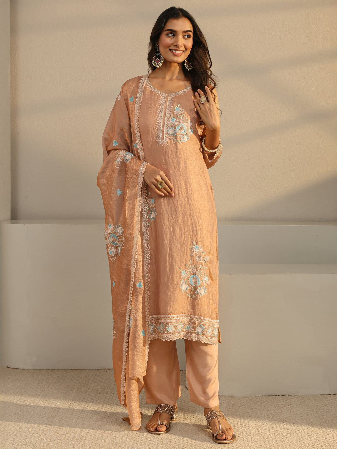  Rust Floral Embroidered Organza Straight Suit Set With Dupatta 