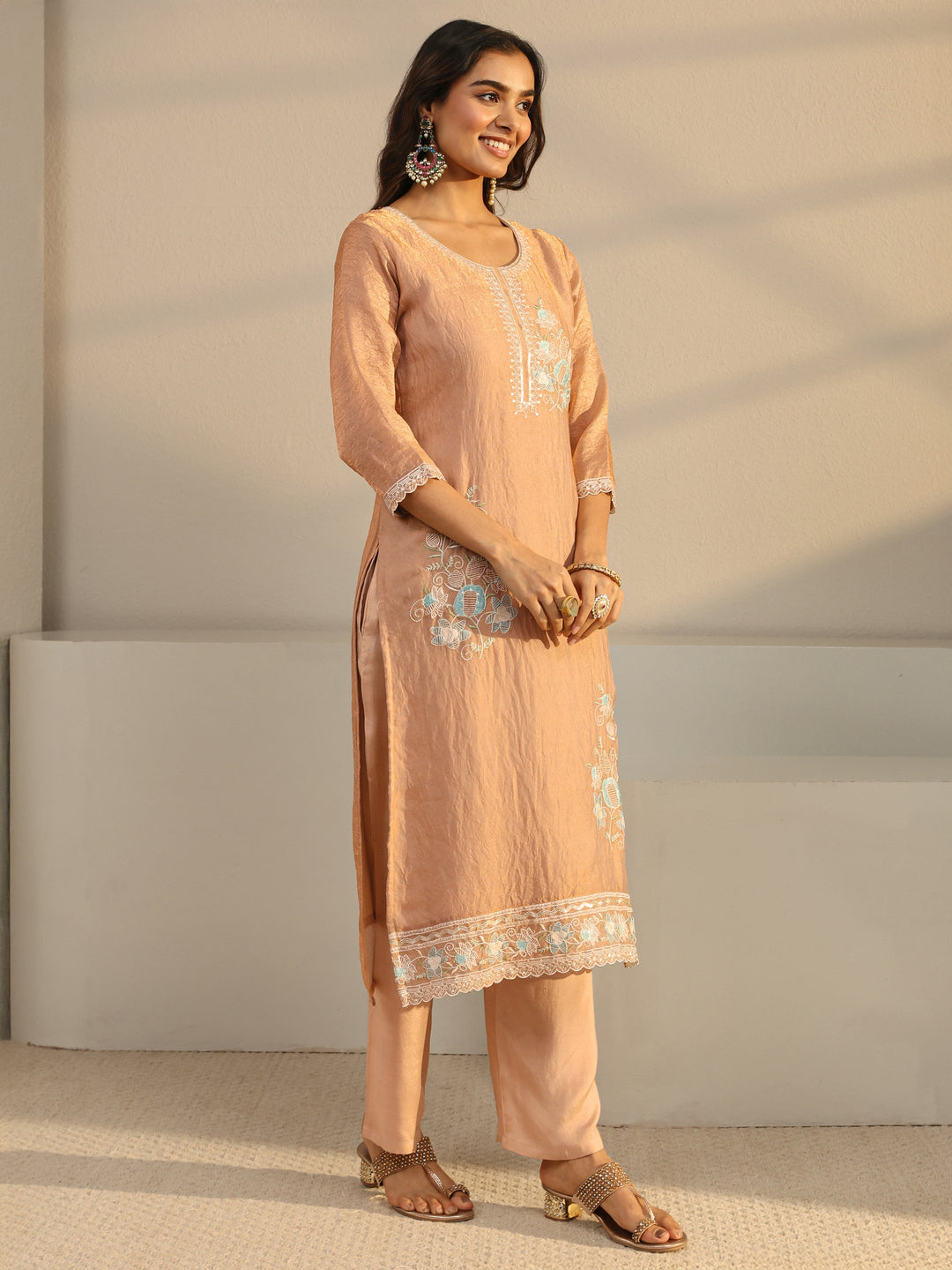  Rust Floral Embroidered Organza Straight Suit Set With Dupatta 