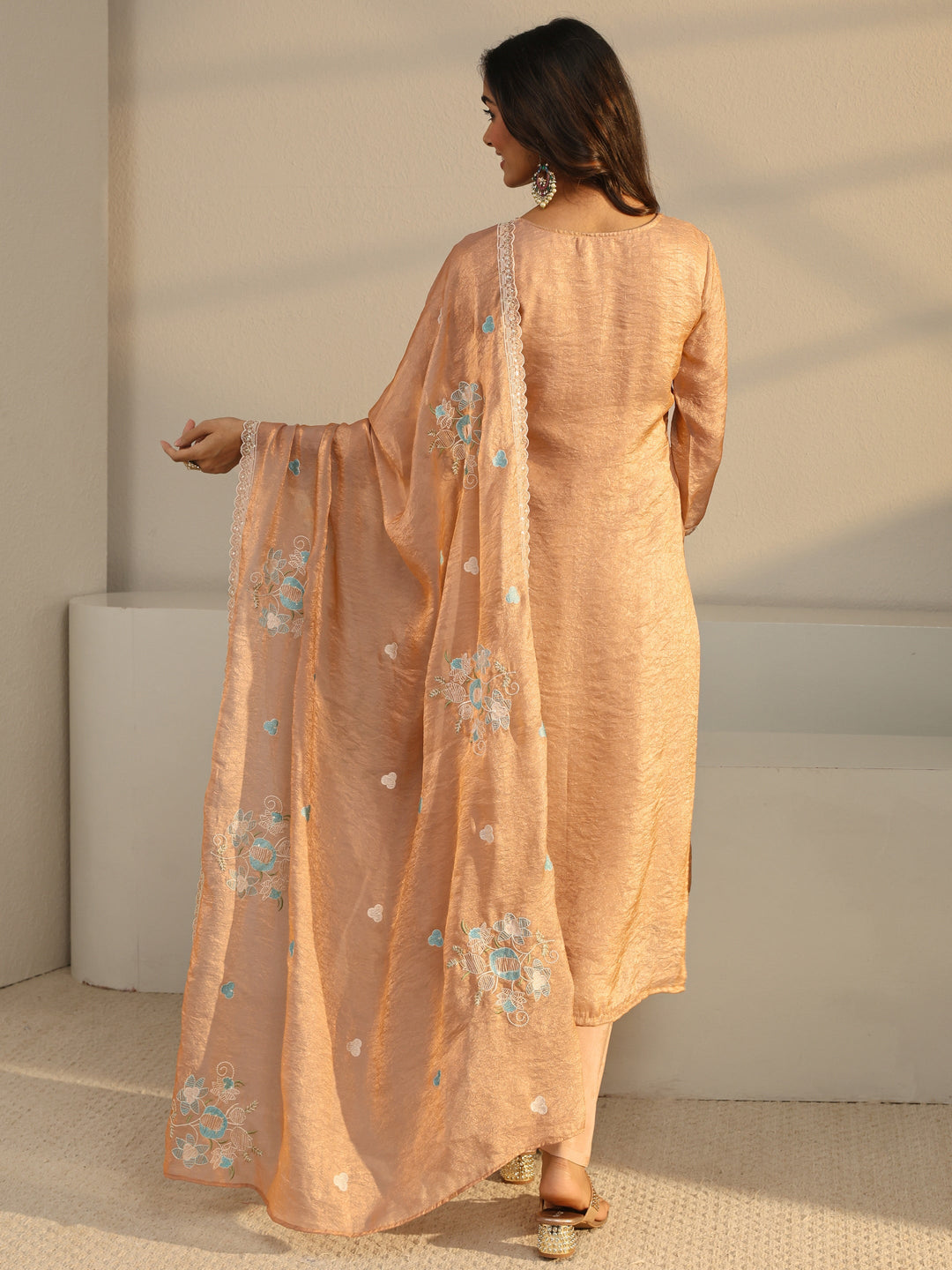  Rust Floral Embroidered Organza Straight Suit Set With Dupatta 