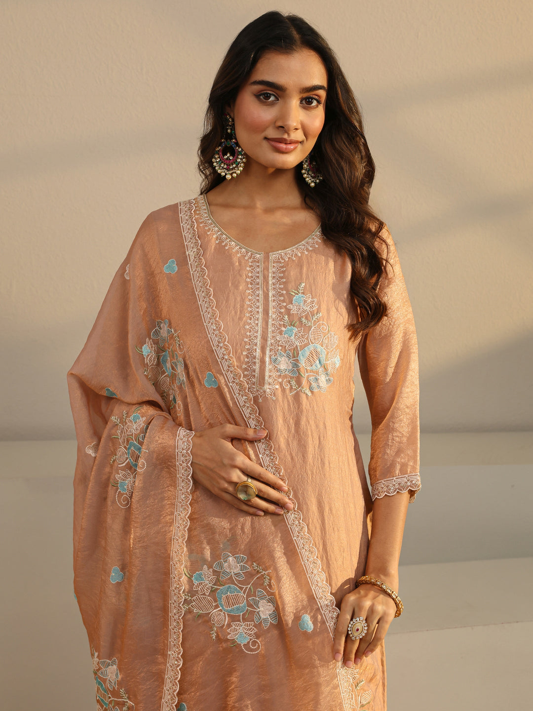  Rust Floral Embroidered Organza Straight Suit Set With Dupatta 