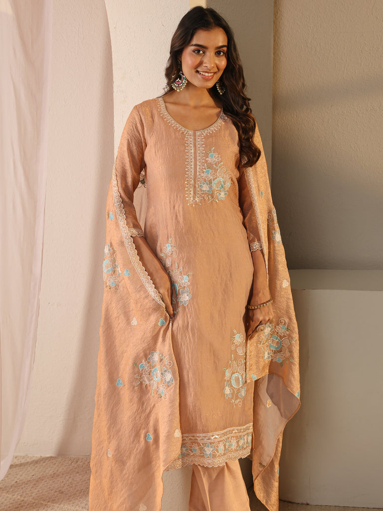 Libas Rust Floral Embroidered Organza Straight Suit Set