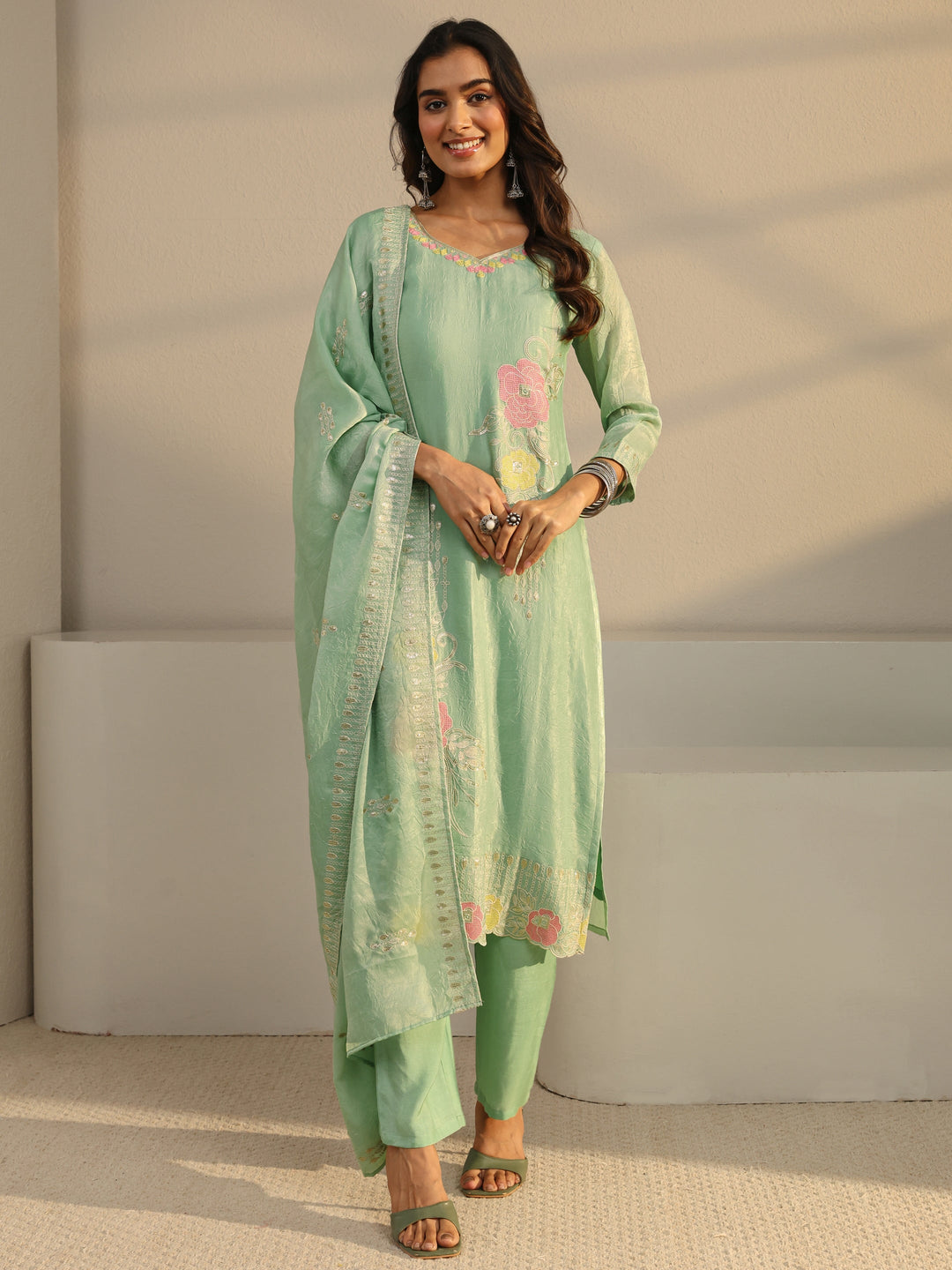  Green Floral Embroidered Organza Straight Suit Set With Dupatta 