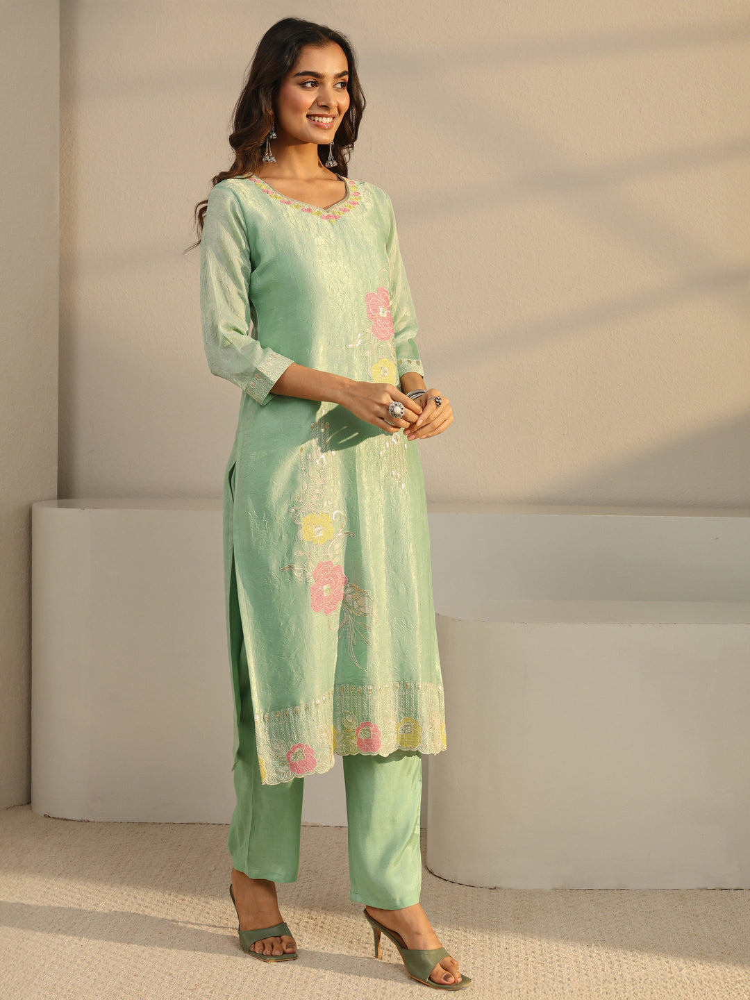  Green Floral Embroidered Organza Straight Suit Set With Dupatta 