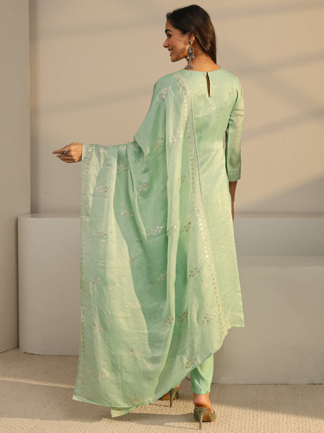  Green Floral Embroidered Organza Straight Suit Set With Dupatta 