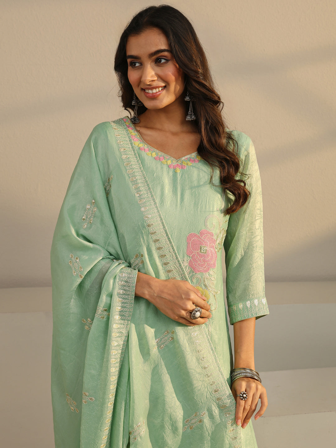  Green Floral Embroidered Organza Straight Suit Set With Dupatta 
