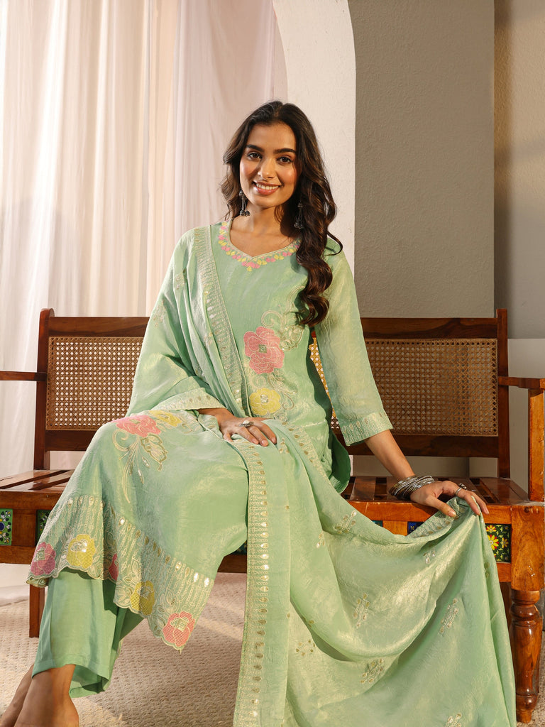 Libas Green Floral Embroidered Organza Straight Suit Set