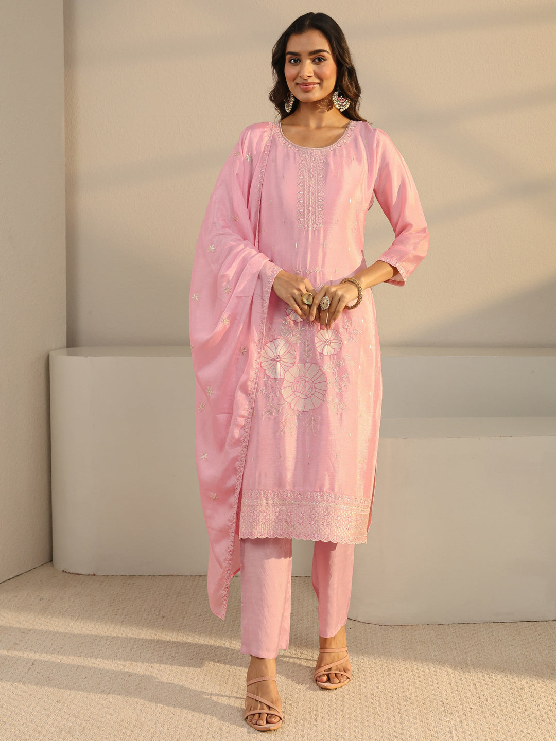  Pink Floral Embroidered Chinon Straight Suit Set With Dupatta 