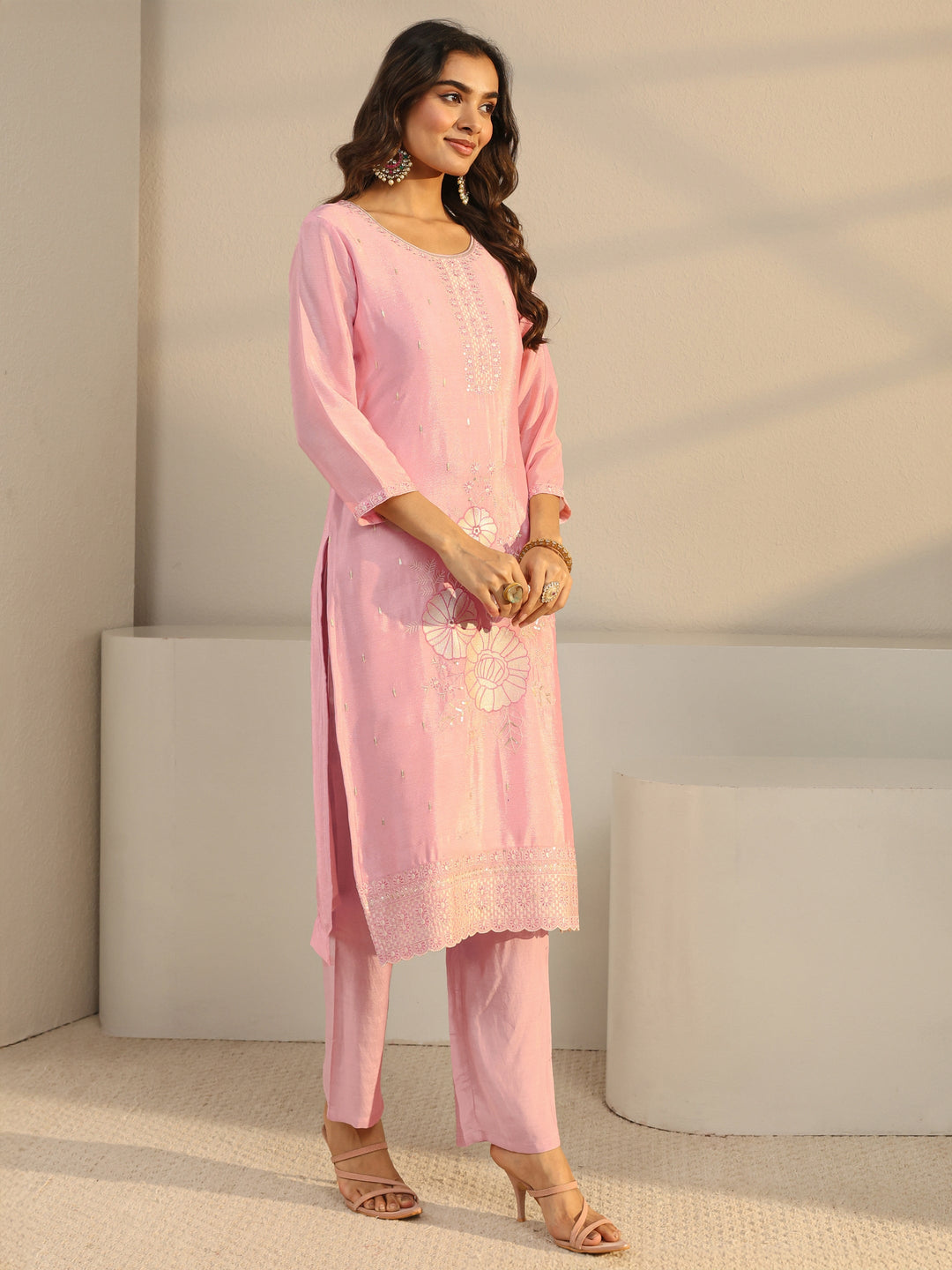  Pink Floral Embroidered Chinon Straight Suit Set With Dupatta 