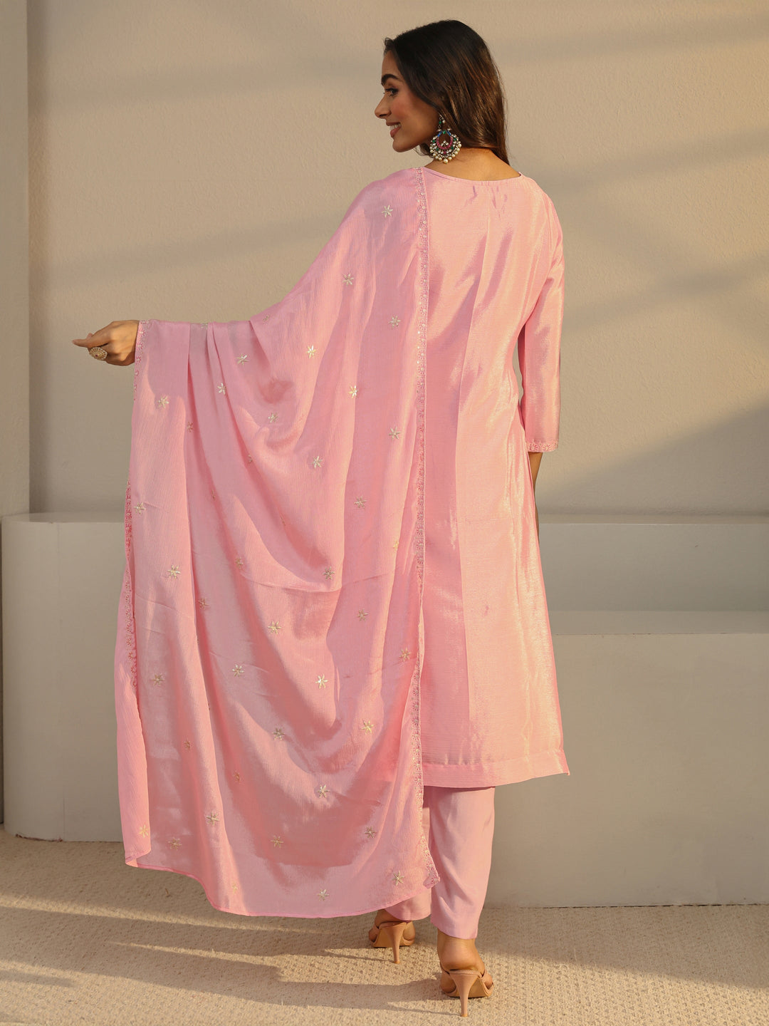  Pink Floral Embroidered Chinon Straight Suit Set With Dupatta 