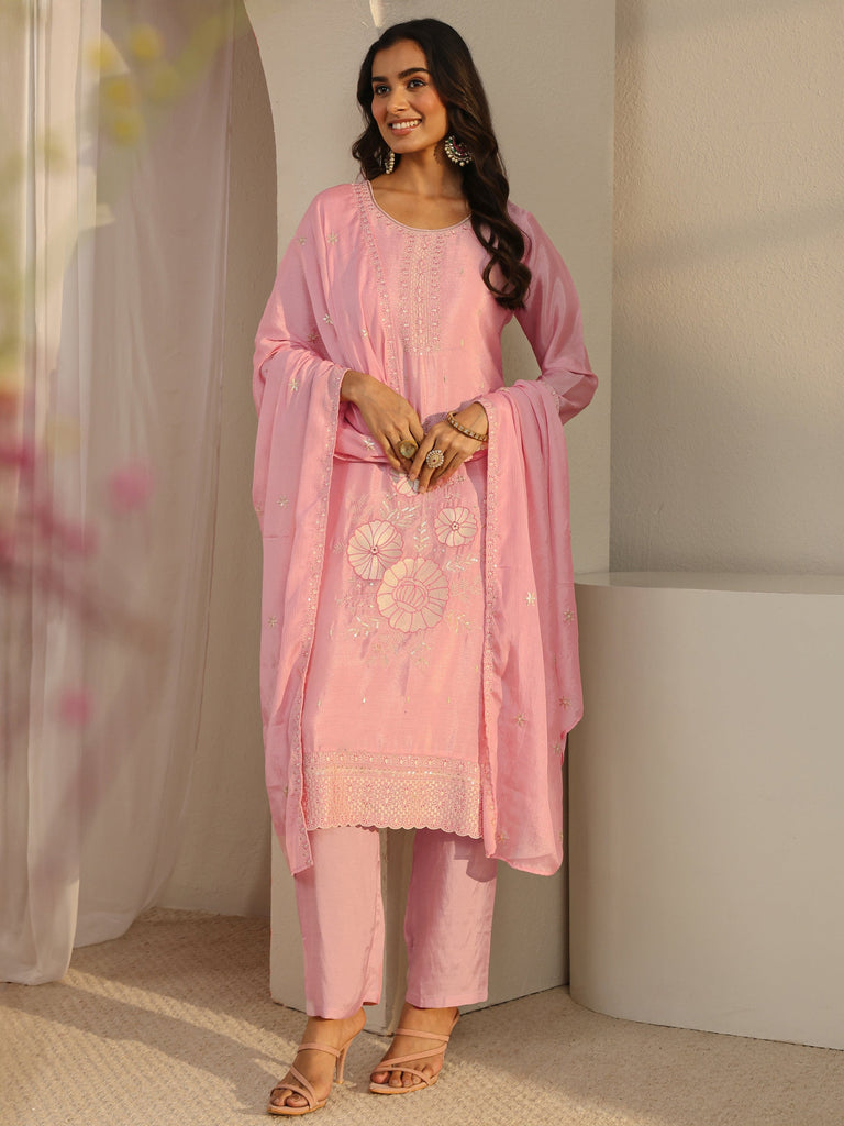 Libas Pink Floral Embroidered Chinon Straight Suit Set