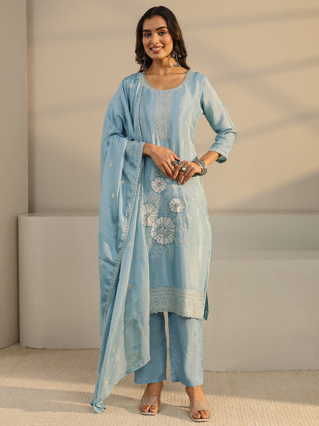  Blue Floral Embroidered Chinon Straight Suit Set With Dupatta 