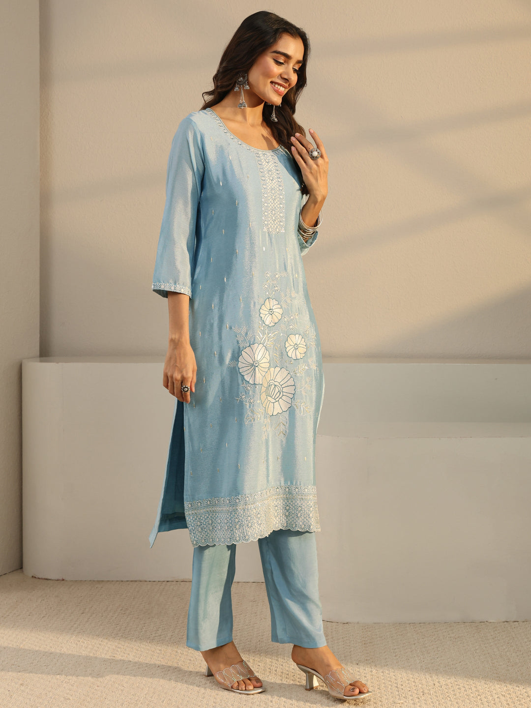 Blue Floral Embroidered Chinon Straight Suit Set With Dupatta 