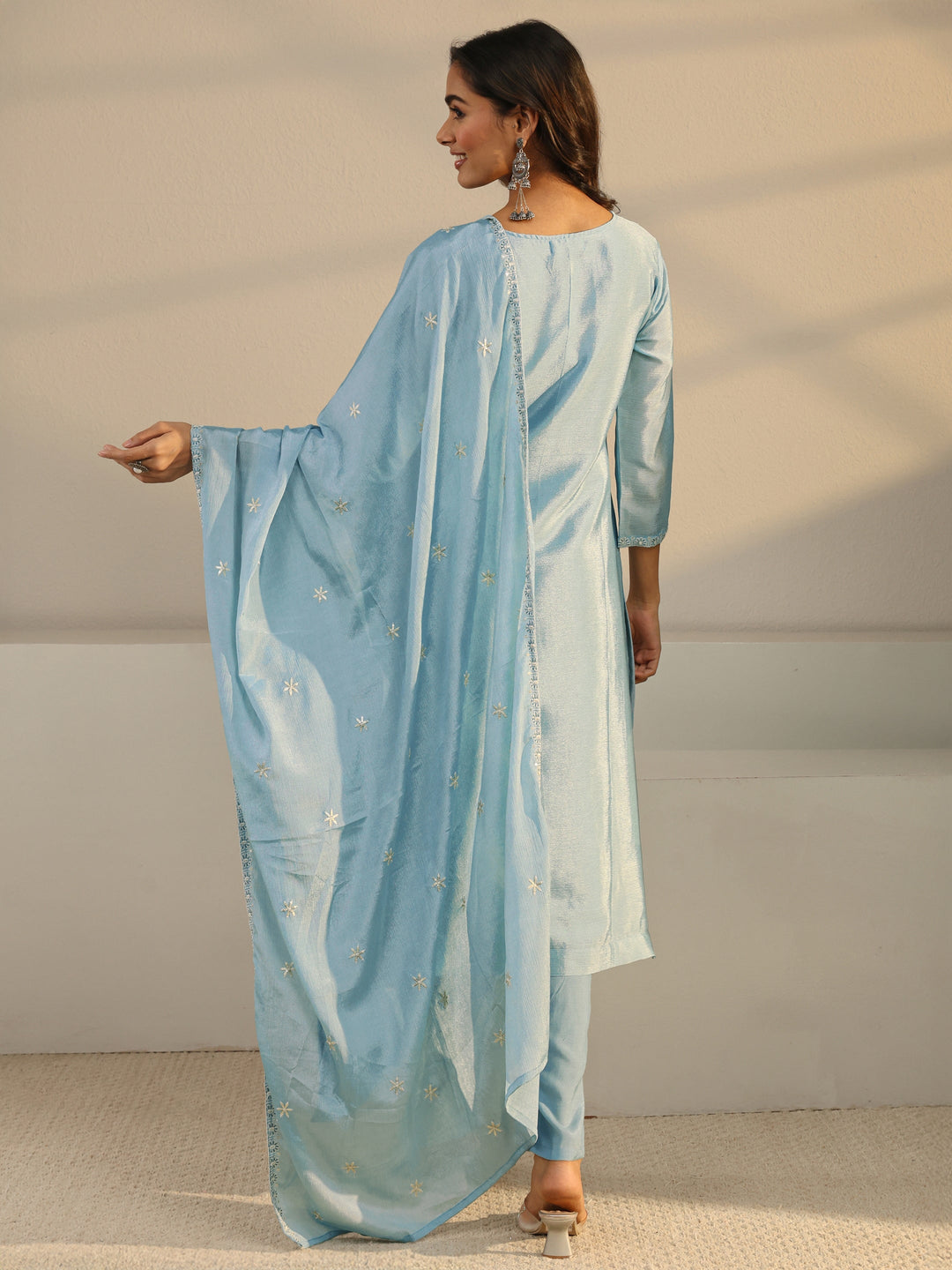  Blue Floral Embroidered Chinon Straight Suit Set With Dupatta 