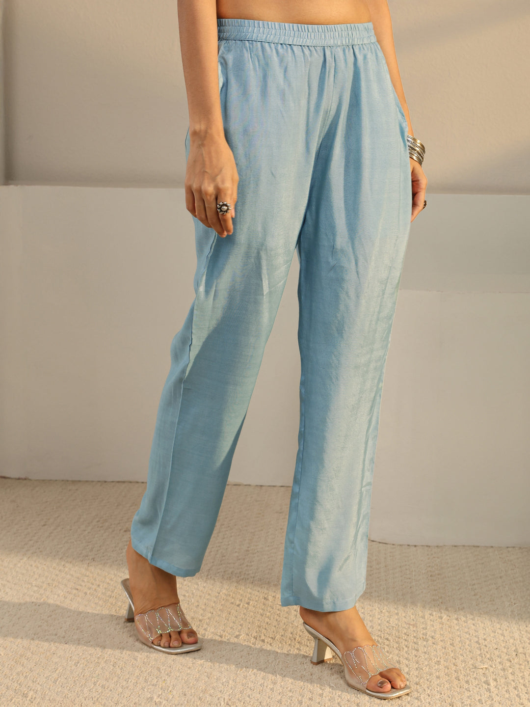  Blue Floral Embroidered Chinon Straight Suit Set With Dupatta 