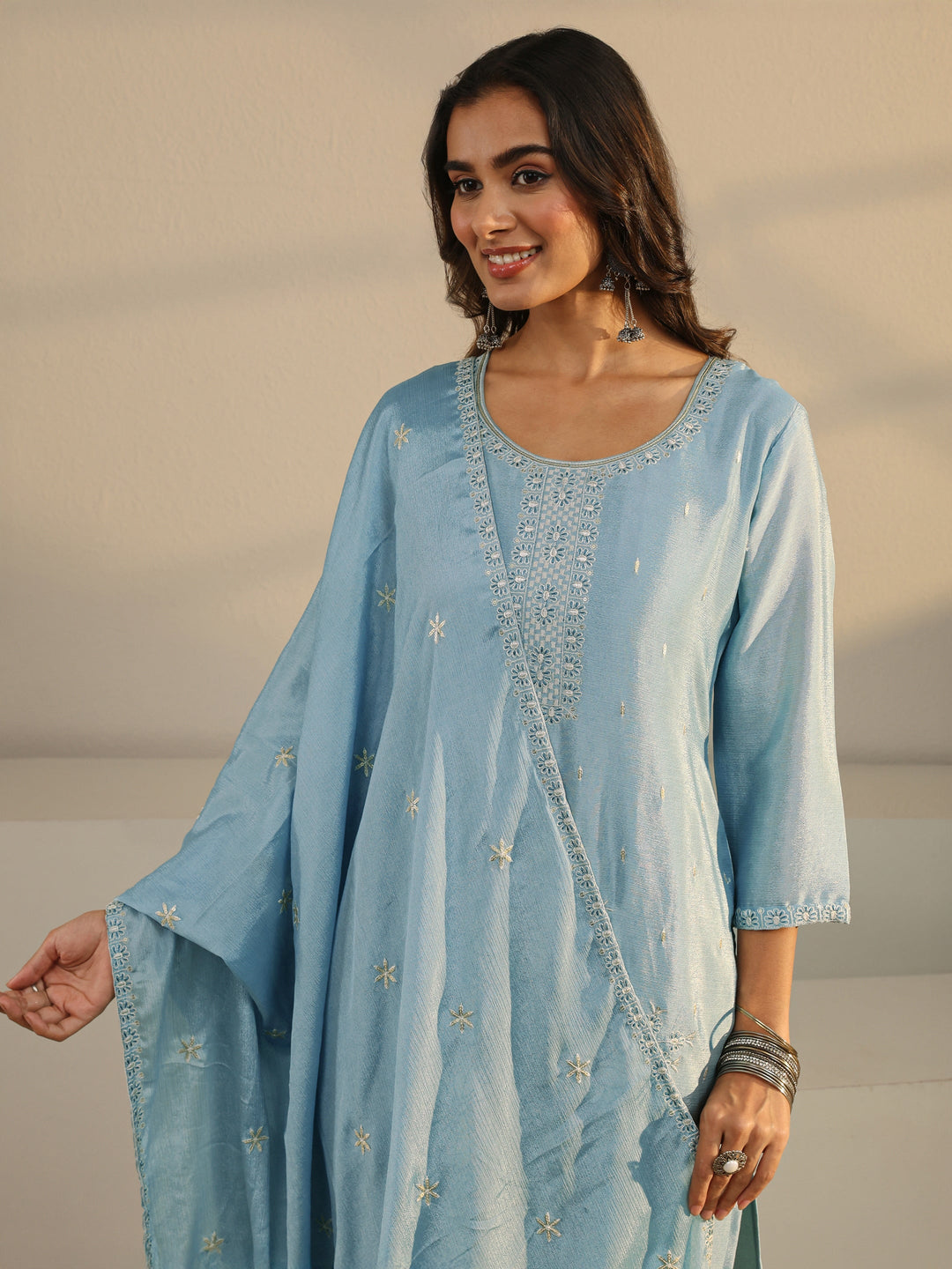  Blue Floral Embroidered Chinon Straight Suit Set With Dupatta 