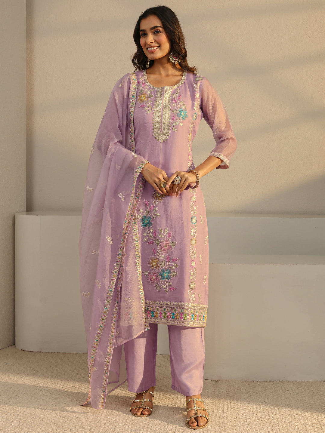  Lavender Floral Embroidered Organza Straight Suit Set With Dupatta 
