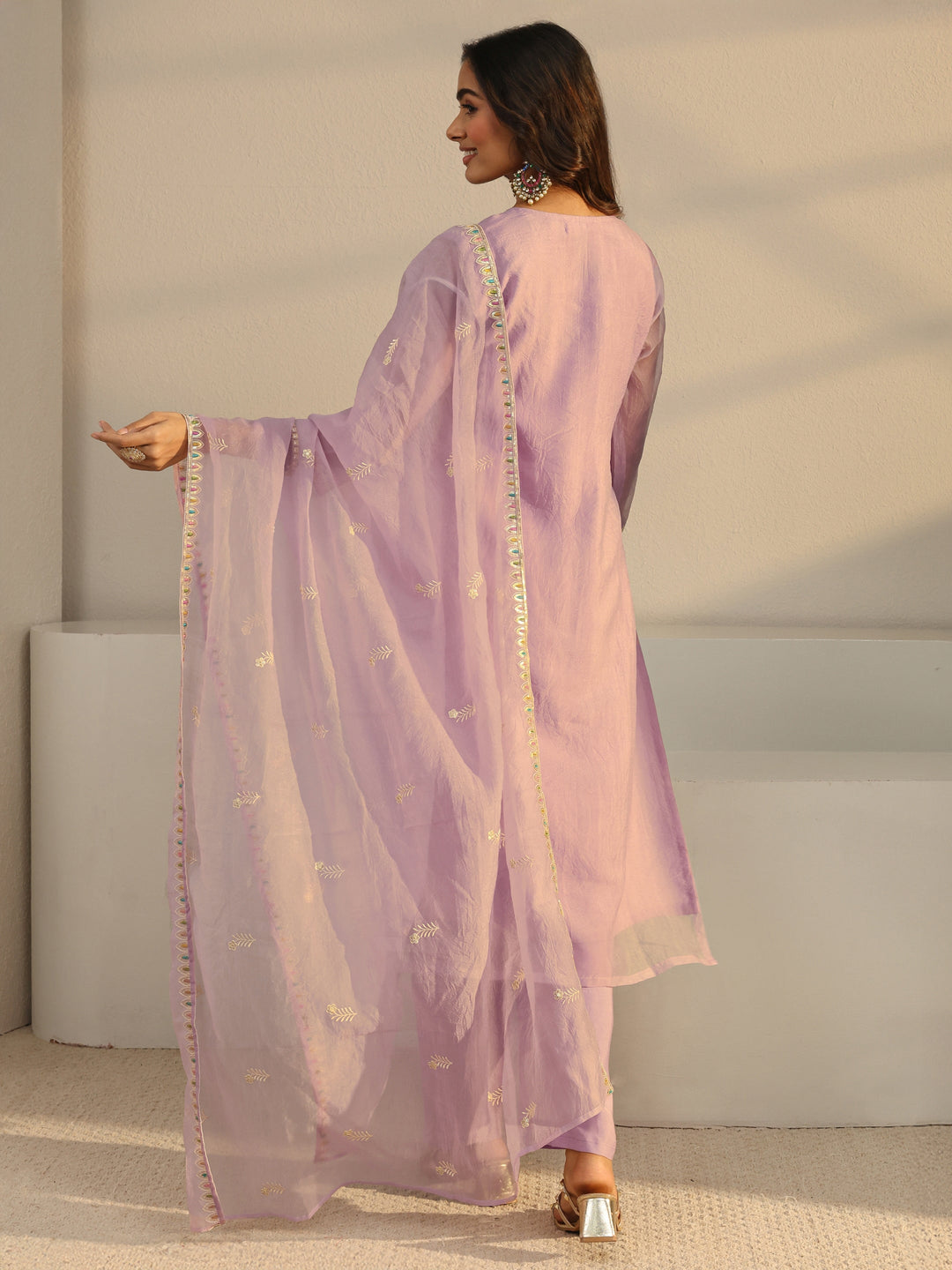  Lavender Floral Embroidered Organza Straight Suit Set With Dupatta 