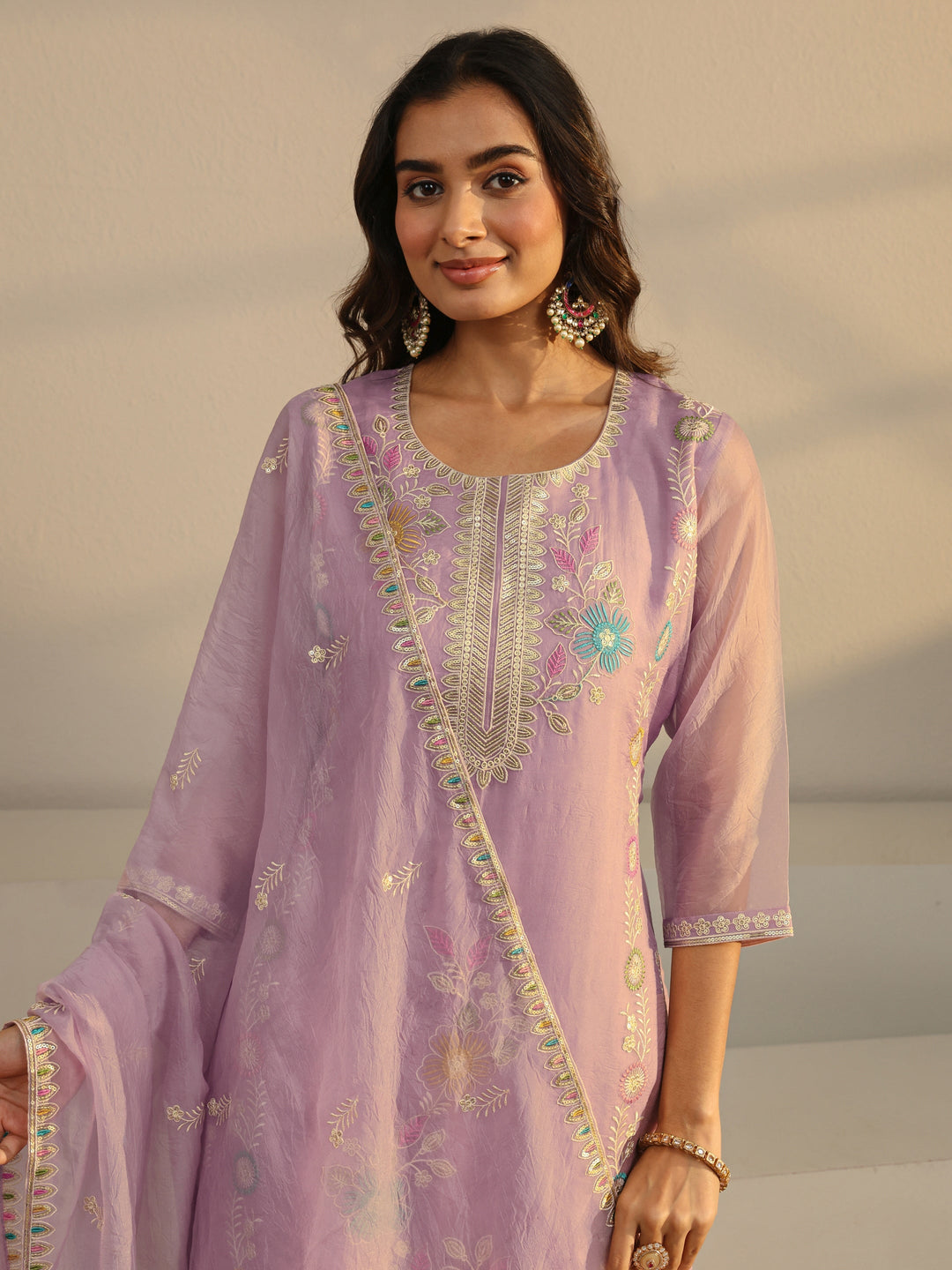  Lavender Floral Embroidered Organza Straight Suit Set With Dupatta 