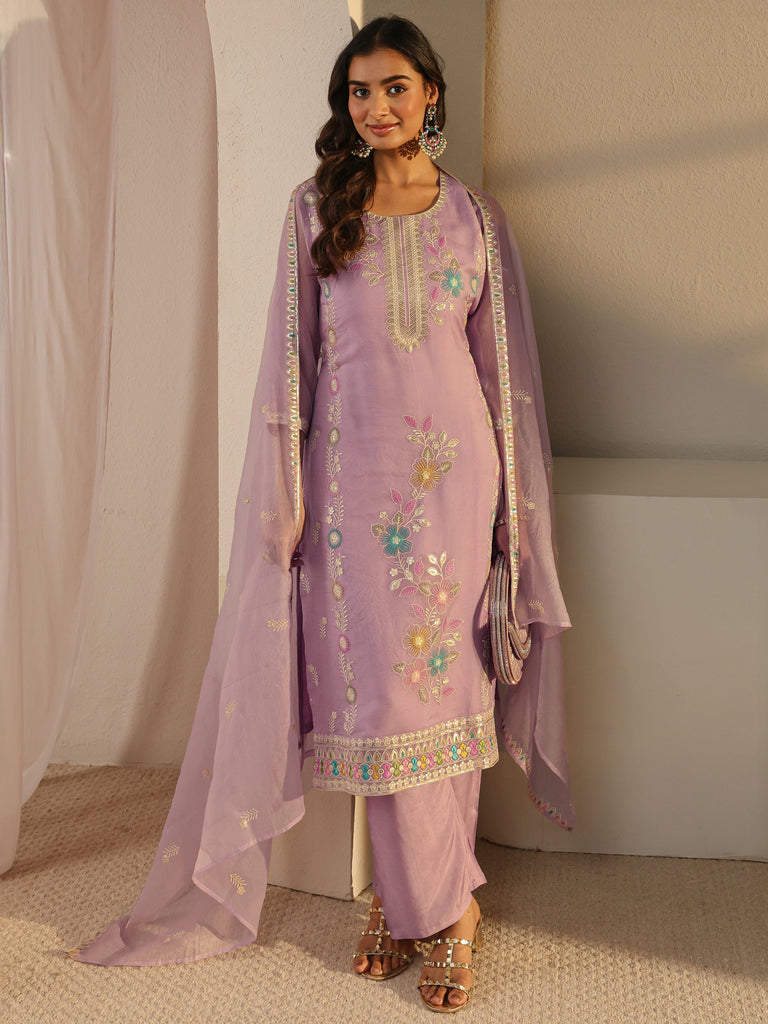 Libas Lavender Floral Embroidered Organza Straight Suit Set