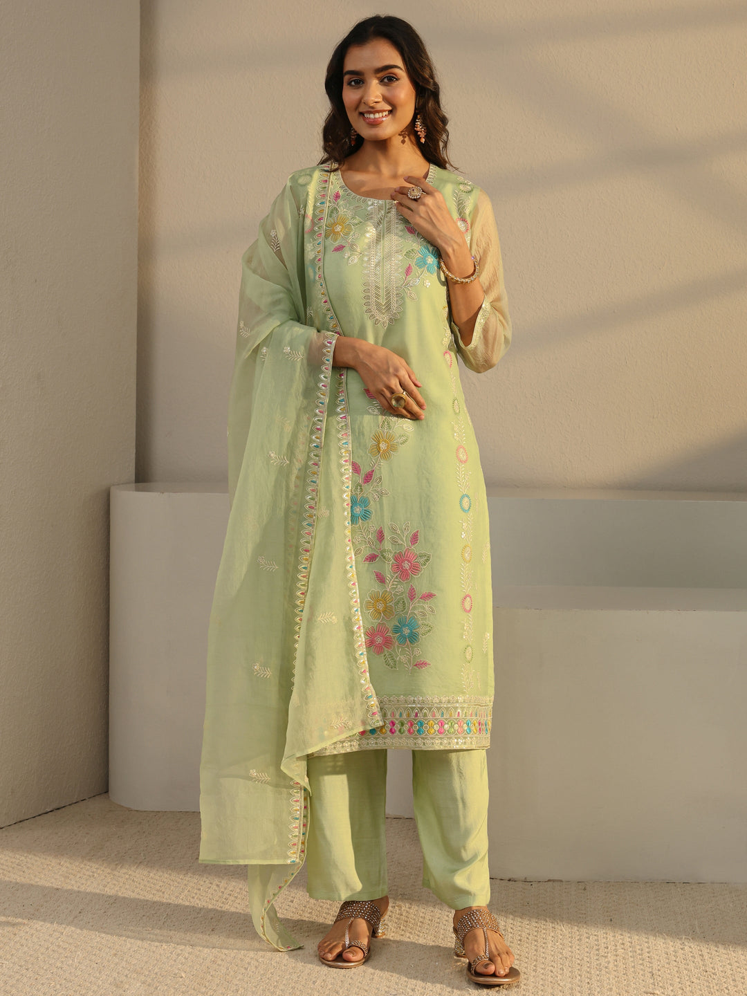  Green Floral Embroidered Organza Straight Suit Set With Dupatta 
