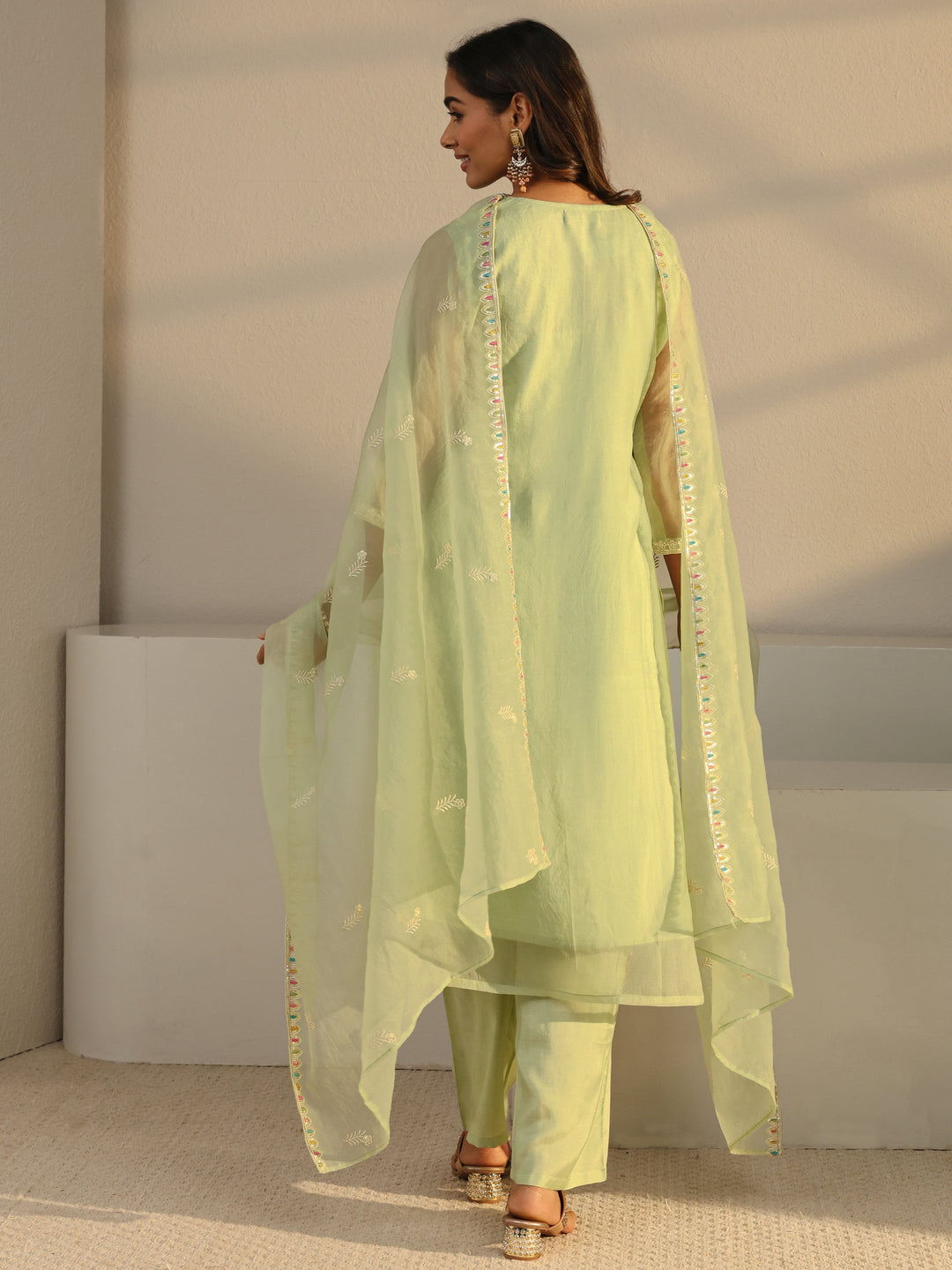 Green Floral Embroidered Organza Straight Suit Set With Dupatta 
