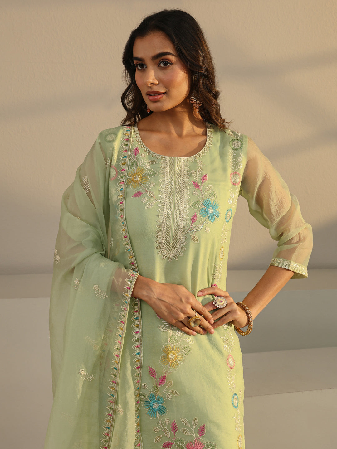  Green Floral Embroidered Organza Straight Suit Set With Dupatta 