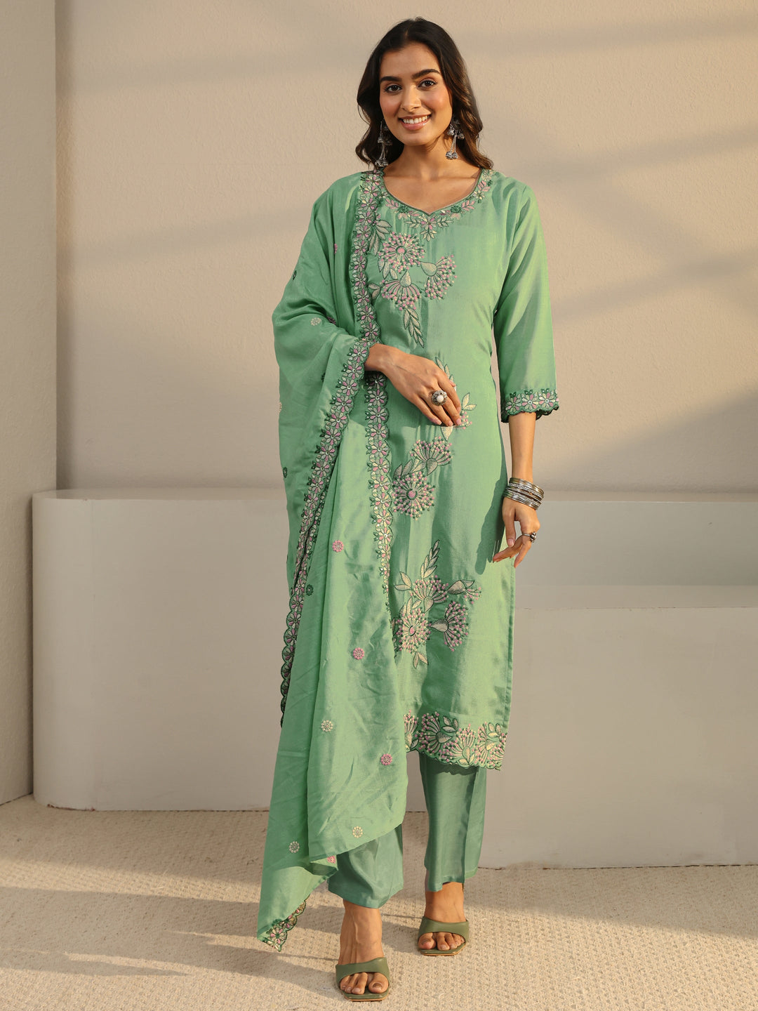  Green Floral Embroidered Silk Blend Straight Suit Set With Dupatta 