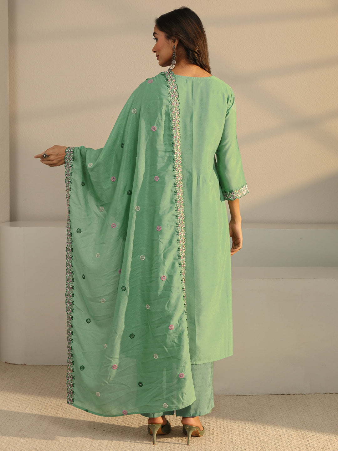  Green Floral Embroidered Silk Blend Straight Suit Set With Dupatta 