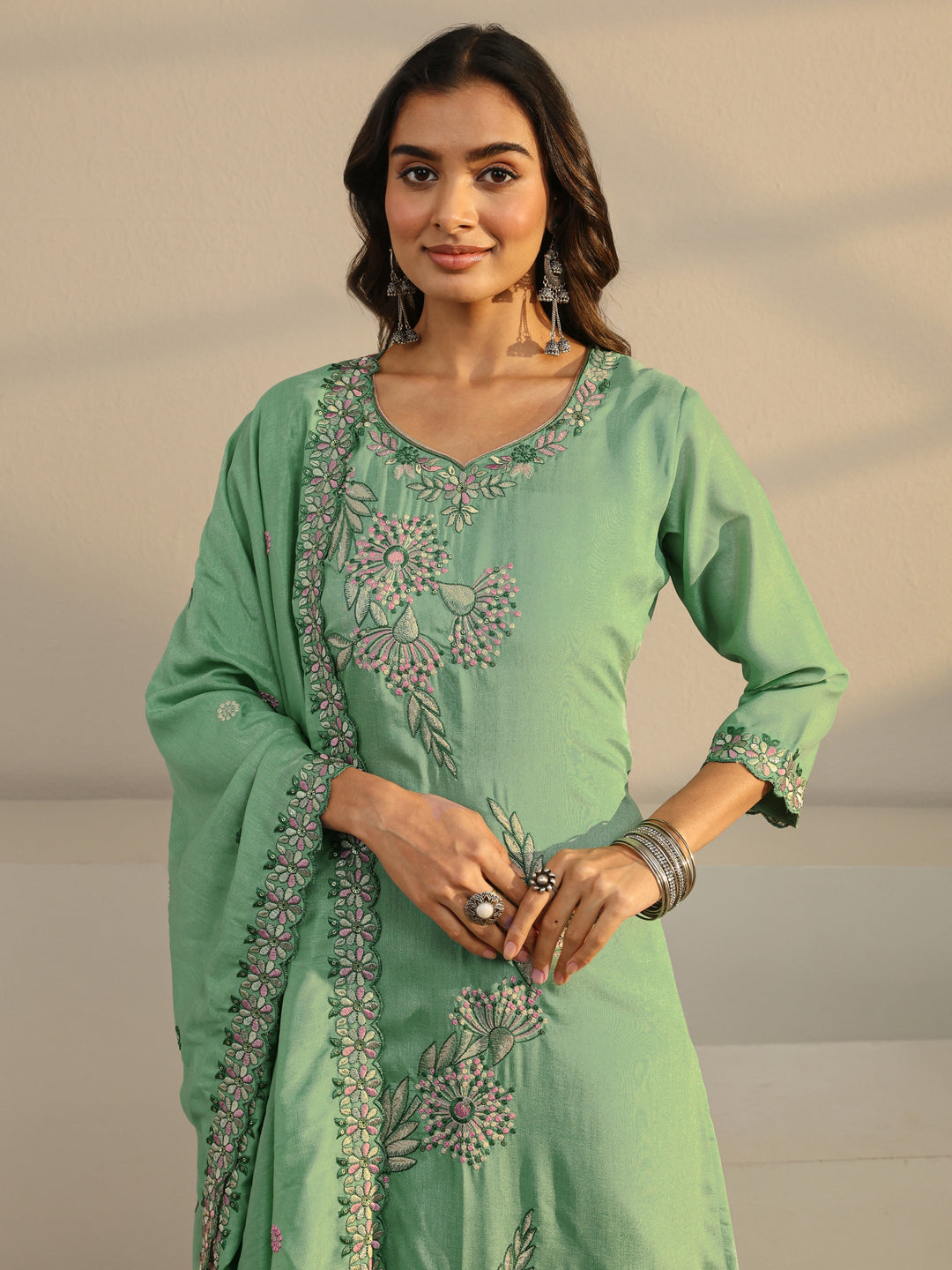  Green Floral Embroidered Silk Blend Straight Suit Set With Dupatta 