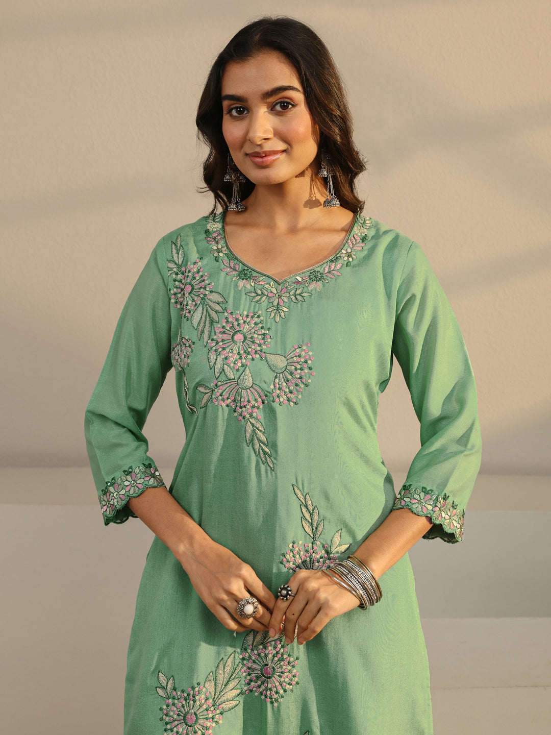  Green Floral Embroidered Silk Blend Straight Suit Set With Dupatta 