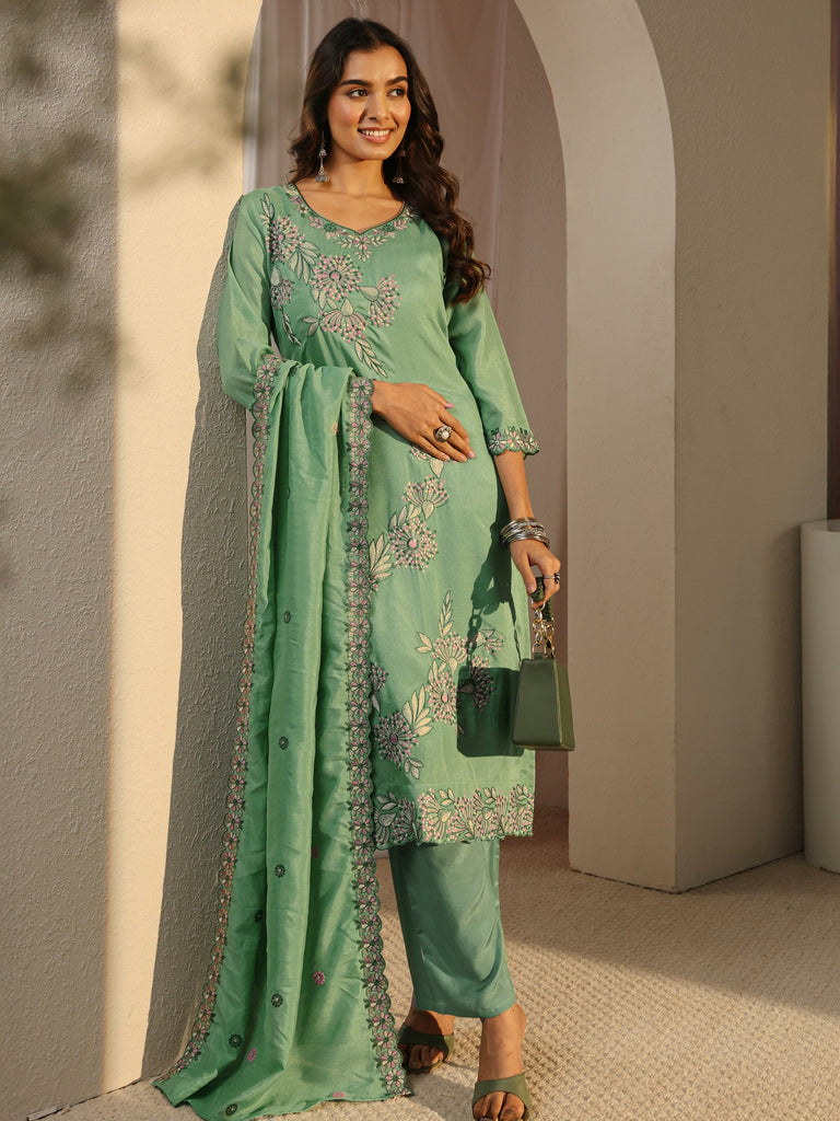 Libas Green Floral Embroidered Silk Blend Straight Suit Set