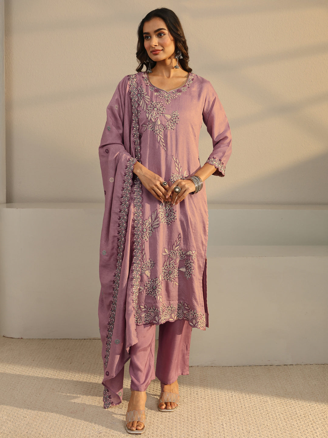  Mauve Floral Embroidered Silk Blend Straight Suit Set With Dupatta 