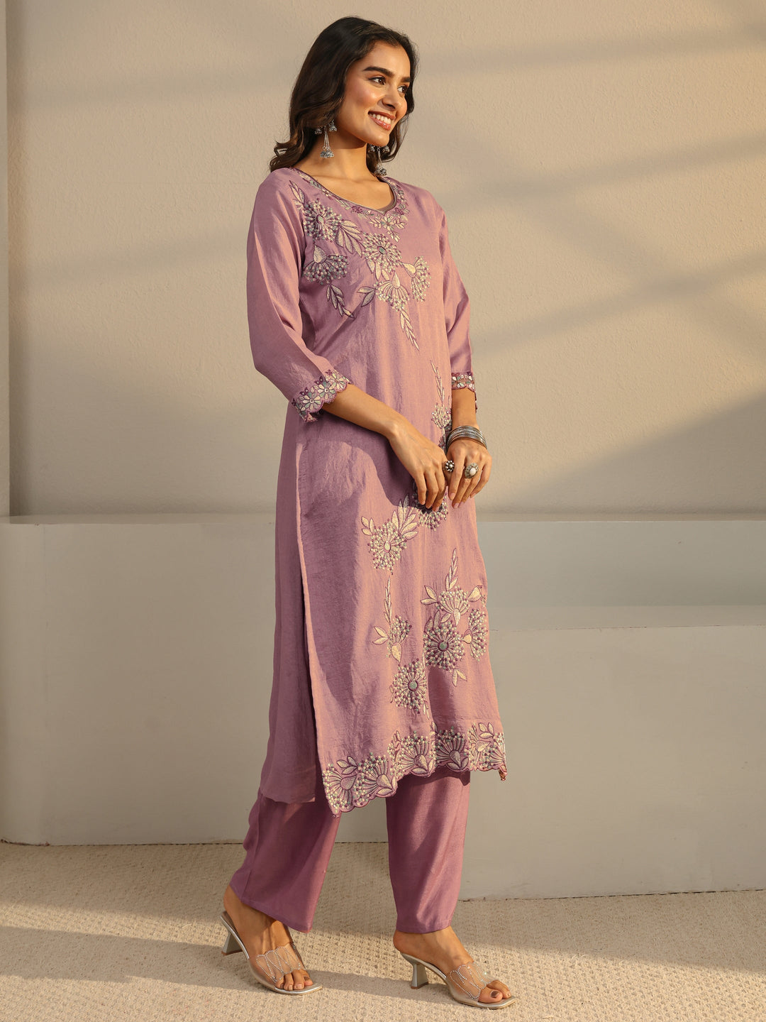  Mauve Floral Embroidered Silk Blend Straight Suit Set With Dupatta 
