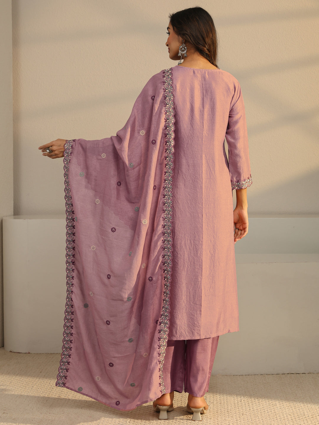  Mauve Floral Embroidered Silk Blend Straight Suit Set With Dupatta 