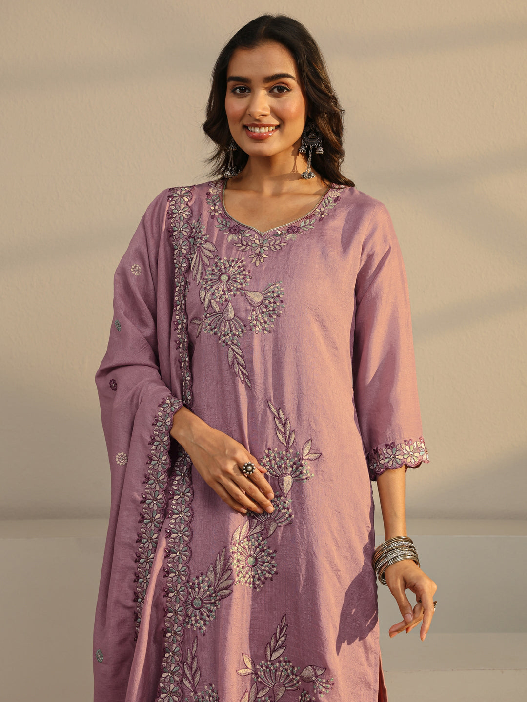  Mauve Floral Embroidered Silk Blend Straight Suit Set With Dupatta 