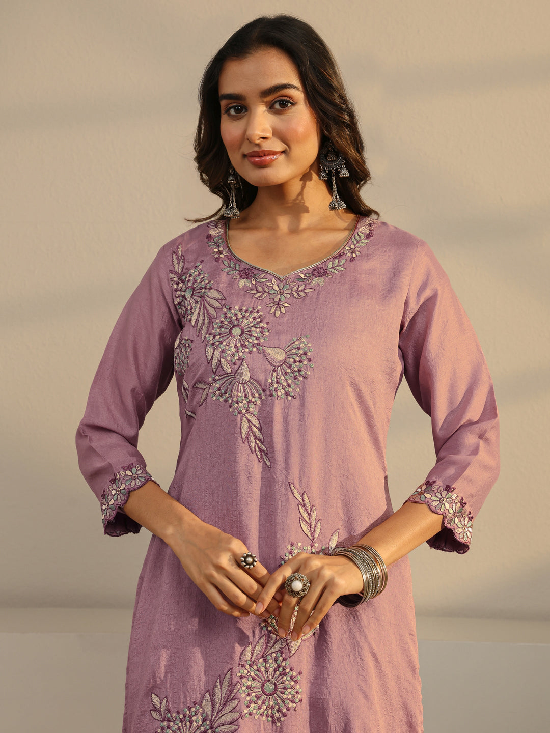  Mauve Floral Embroidered Silk Blend Straight Suit Set With Dupatta 