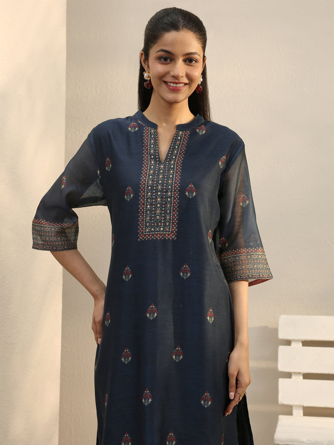  Navy Blue Ethnic Printed Silk Blend Straight Suit Set 