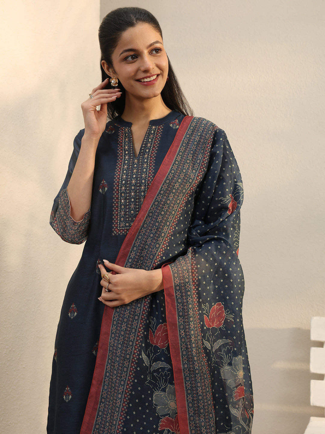  Navy Blue Ethnic Printed Silk Blend Straight Suit Set 