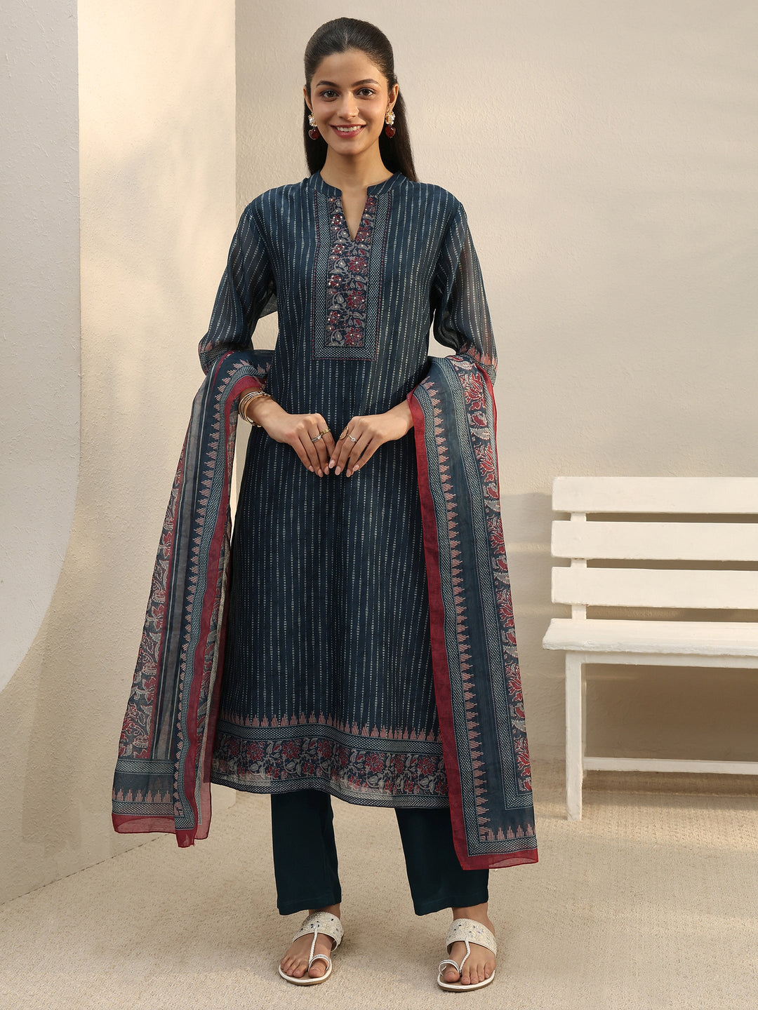  Navy Blue Striped Printed Silk Blend Straight Suit Set 