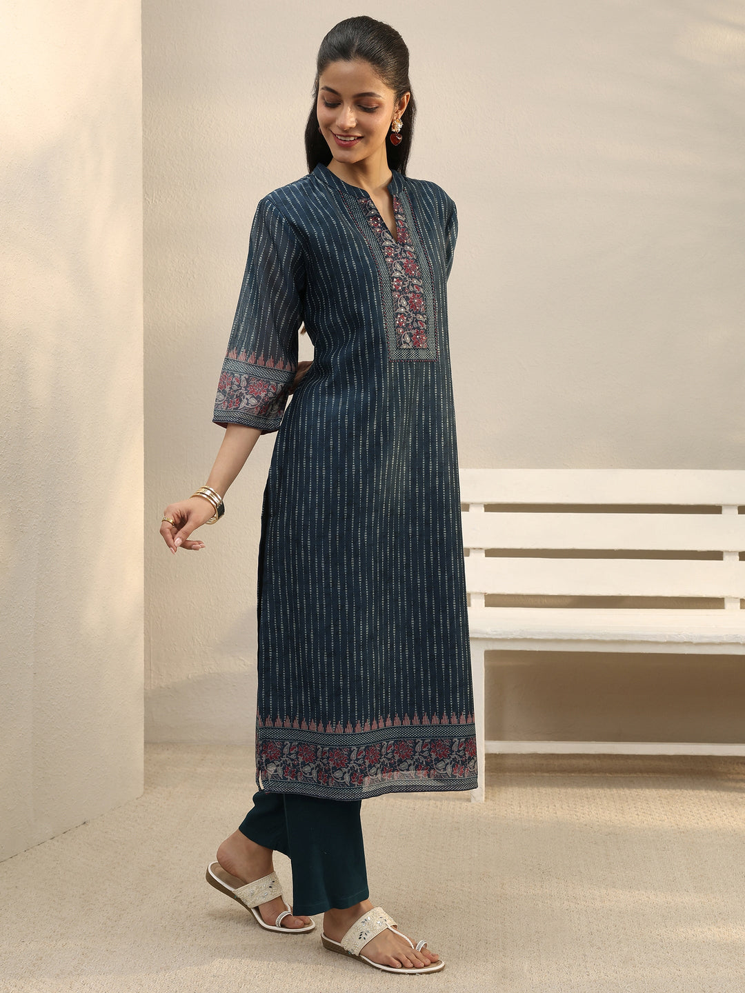  Navy Blue Striped Printed Silk Blend Straight Suit Set 