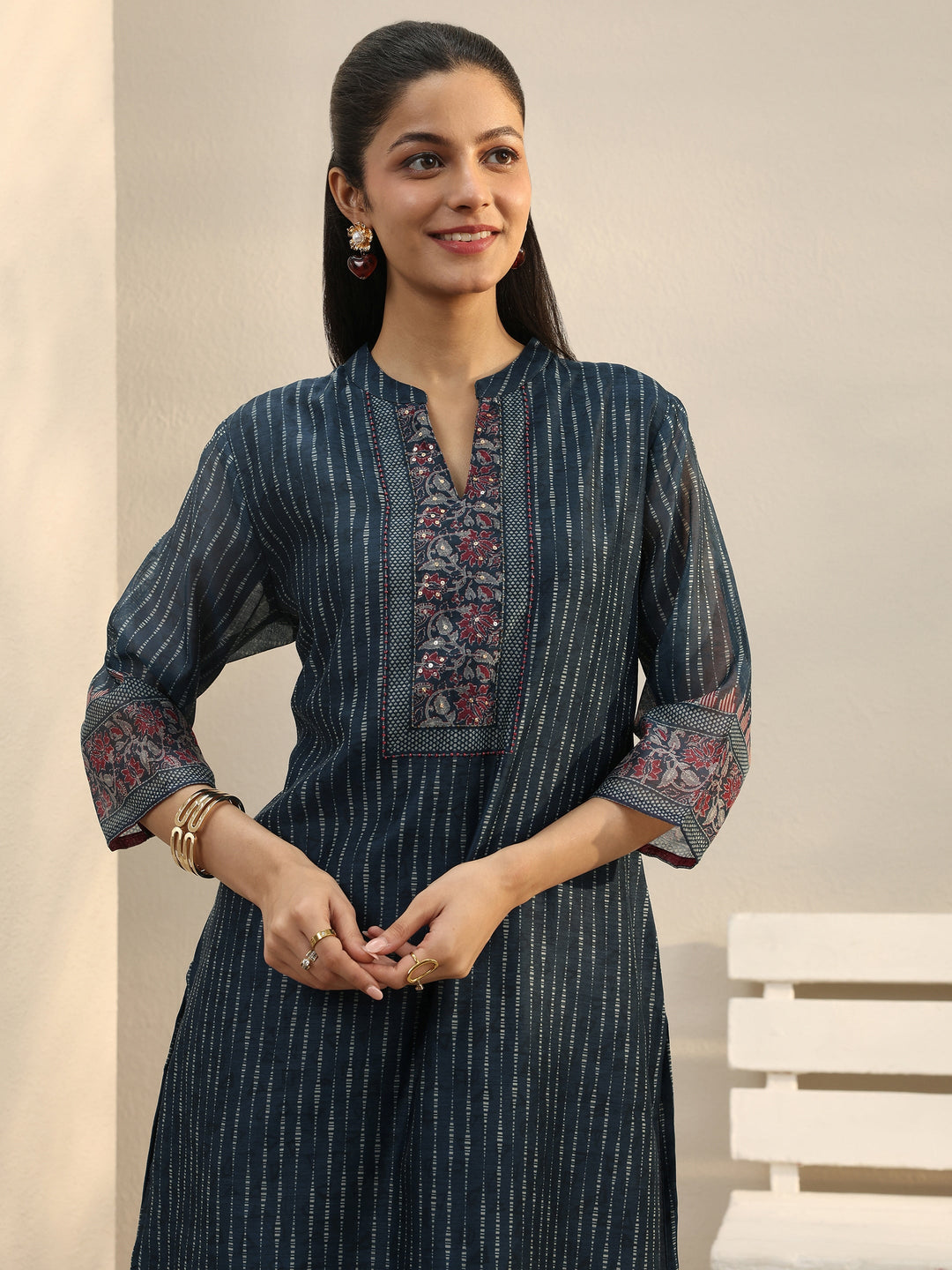  Navy Blue Striped Printed Silk Blend Straight Suit Set 