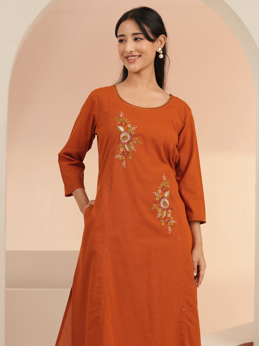  Libas Rust Floral Embroidered Cotton Co-Ord Set 